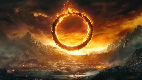 Flaming Ring Portal in Apocalyptic Mountain Valley.