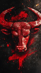 Crimson bull head bursting through shadows and splattered night.