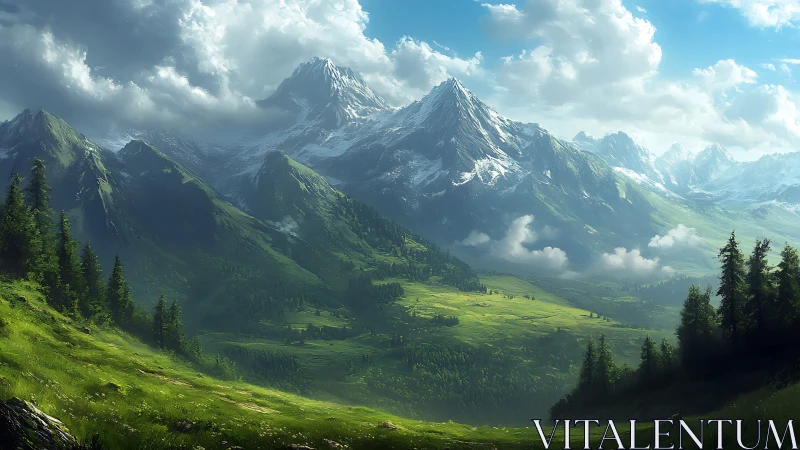 Snow-capped mountain range rises over sunlit green valley