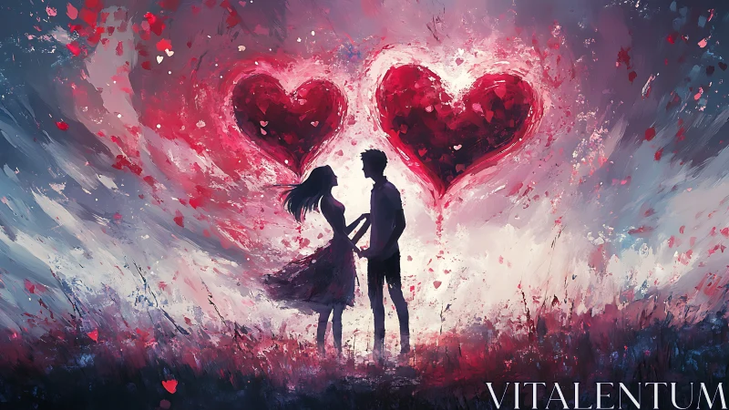 Silhouetted figures positioned before luminescent heart forms.