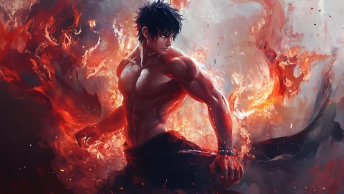Shirtless male figure stands amid stylized swirling flames