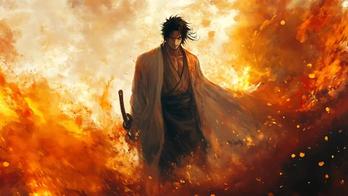 Samurai swordsman stands in roaring wall of orange fire.