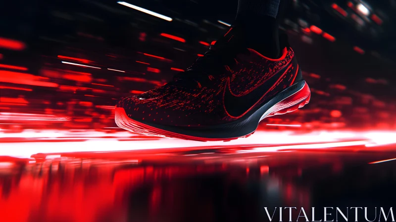 Dynamic running shoe in motion with futuristic neon lighting.