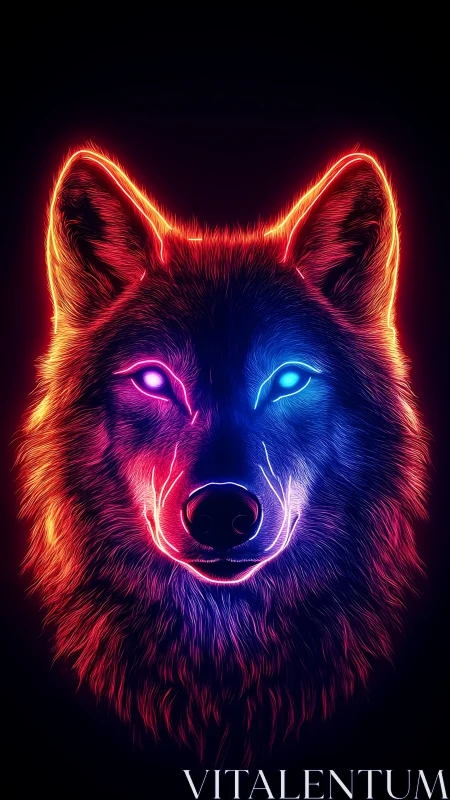 Neon wolf portrait glows in dual-colored cyber light.