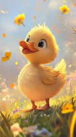 Cheerful Duckling in Golden Meadow.