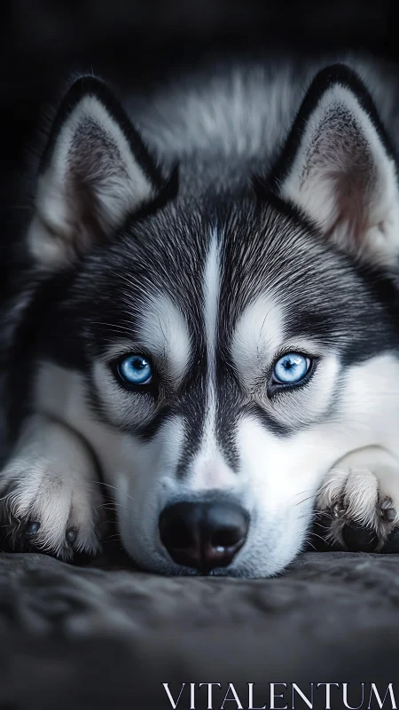 Blue-eyed husky lying down in close portrait view.