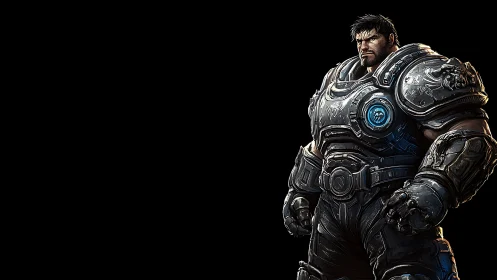 Armored sci-fi soldier stands isolated against black background