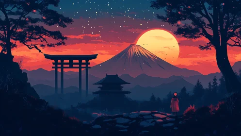 Crimson moonrise over Fuji’s quiet shrine pathway.