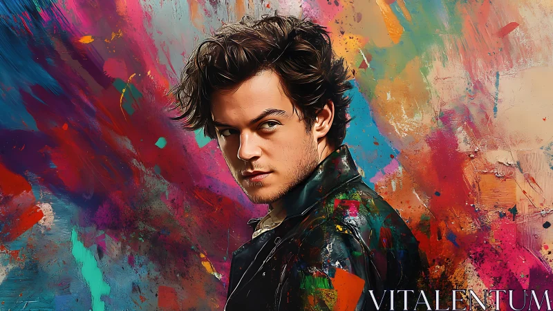 Male portrait is set against saturated abstract paint field