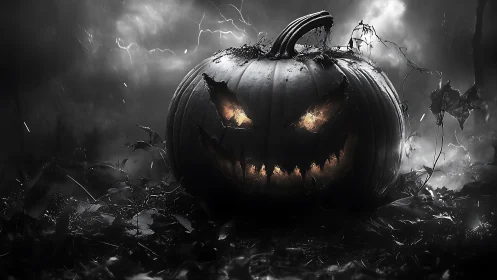 Sinister jack o’lantern glowing in stormy monochrome forest.