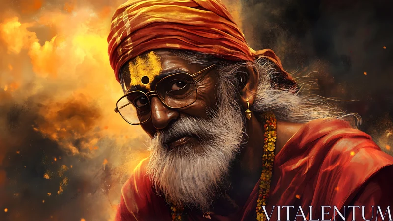Digital painting portrait of elder guru in ember-lit atmosphere.