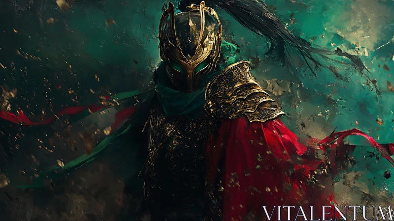 Golden knight emerging through swirling teal stormscape.