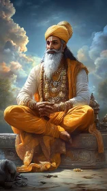 Sunlit sage in saffron robes quietly crowns the morning sky