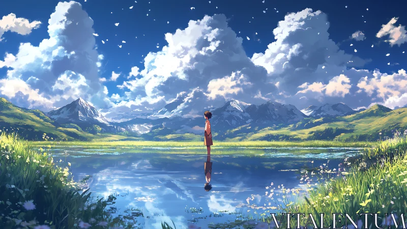 Solitary figure reflected in alpine lake under cumulonimbus sky