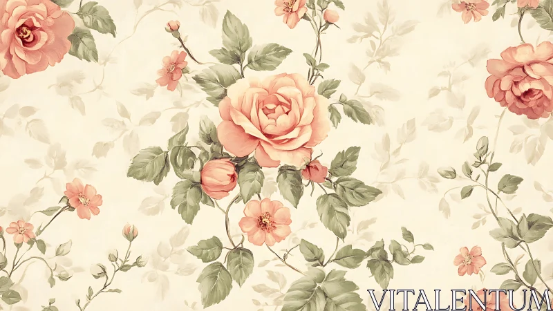 Blushing rose garden unfurls across vintage cream canvas.