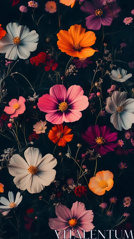 Vibrant Cosmos Flowers Against Dark Night.