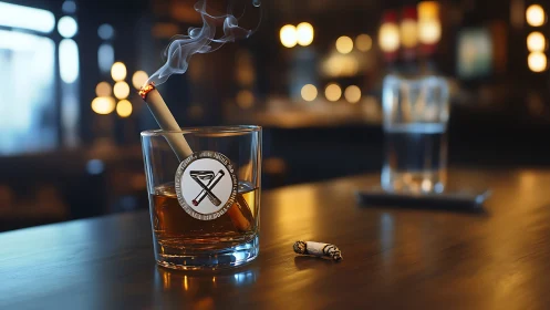 Lowball whiskey glass with burning cigarette and bar bokeh