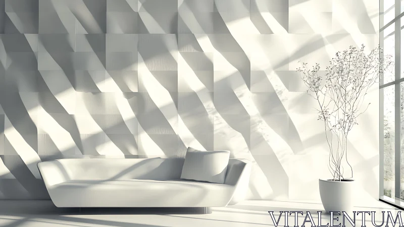 Minimalist White Interior with Modern Sofa and Geometric Light Play