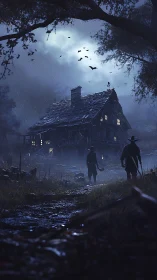 Midnight strangers approaching the sagging stormlit shack.