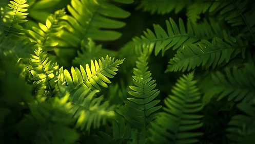 Sunlit green fern leaves in deep natural foliage shade.