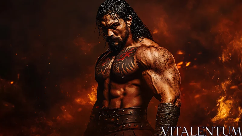 Battle-scarred warrior in fiery backlight showcases heroic anatomy
