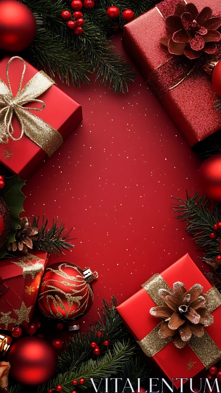 Red Christmas gifts frame a festive central copy space