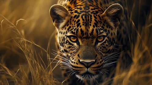 Golden-eyed Leopard Portrait in Savanna Grassland.