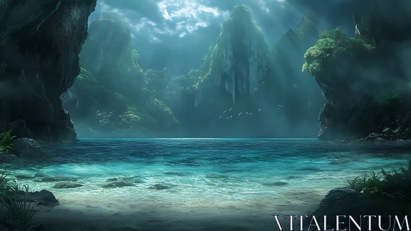 Verdant Gorge: Ethereal Seascape Beneath Towering Stone Cliffs.