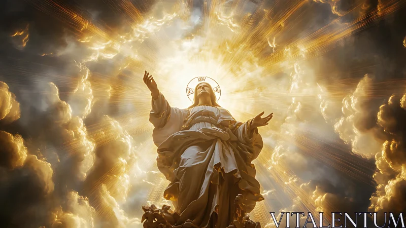 Radiant statue of holy figure ascending amid golden clouds.