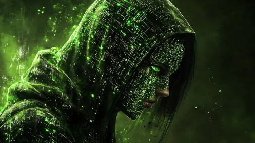 Cybernetic hooded hacker dissolves into glowing green code.