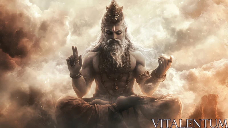 Seated robed figure meditates amid dense luminous cloud field