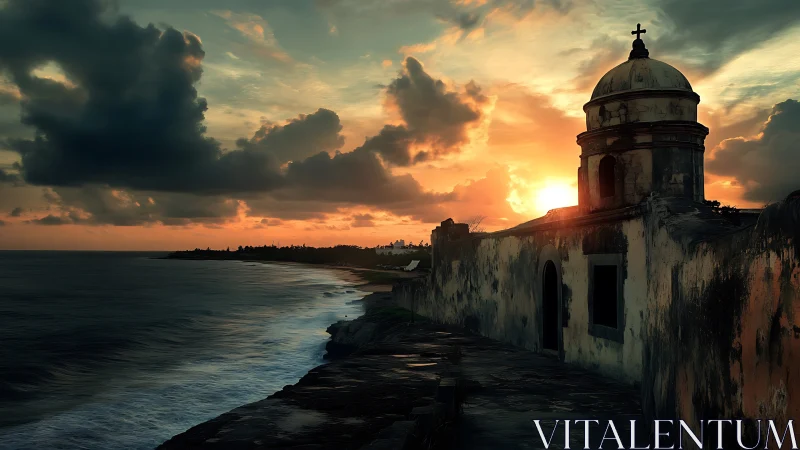 Coastal fortress with weathered chapel at dramatic sunset.