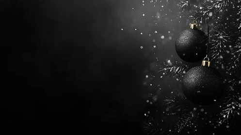 Black ornaments hang on dark conifer branches with snowfall