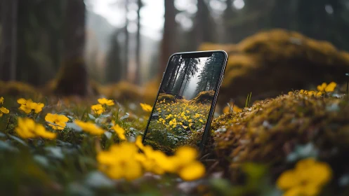 Smartphone screen mirrors misty forest among yellow flowers