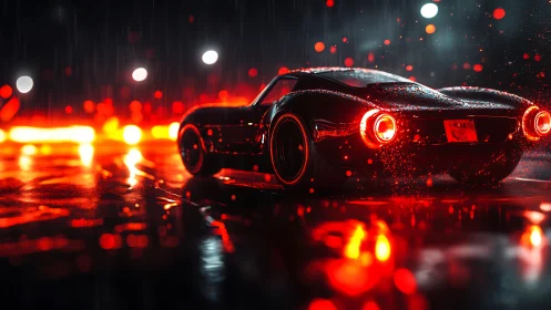 Midnight crimson racer burns through neon-soaked rainstorm.