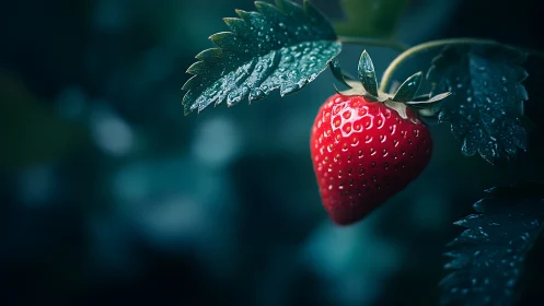 Single ripe strawberry hanging among dark green leaves.