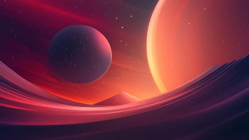 Twin planets ignite over neon dunes at cosmic sundown.