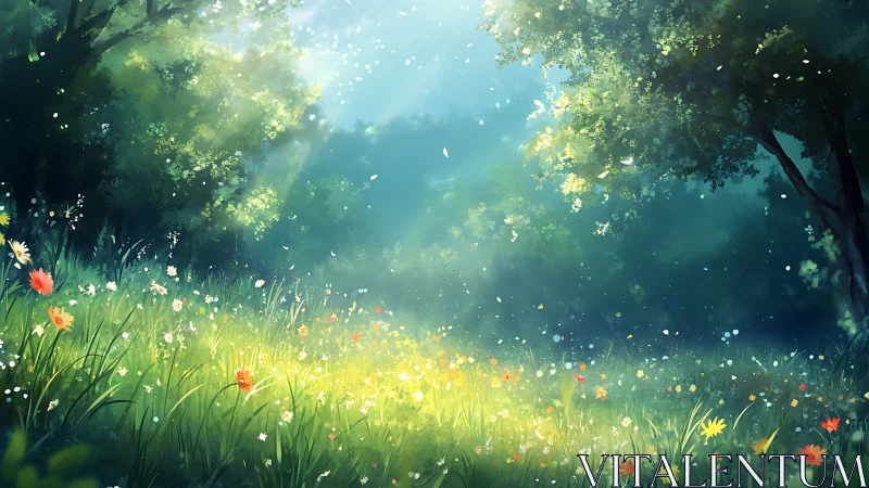 Sunlit forest meadow with soft bokeh blooms and drifting petals