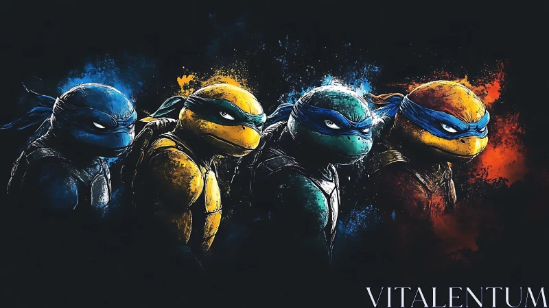 Four stylized turtle warriors rendered with splatter color halos