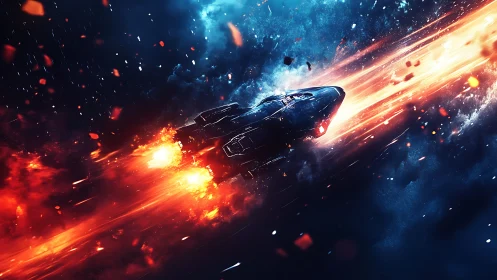 Digital painting of starship piercing a fiery cosmic slipstream.