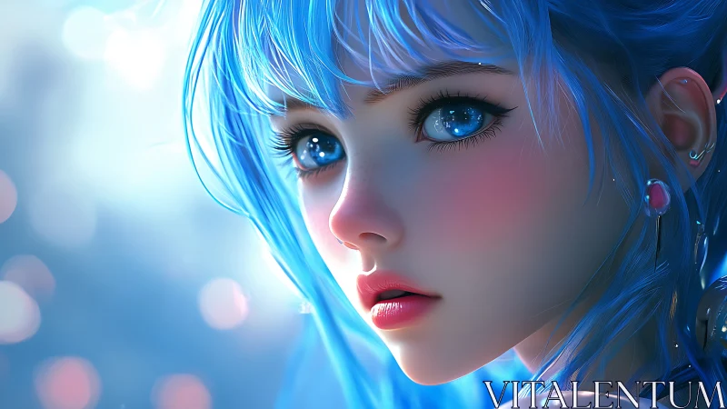 Blue haired anime girl gazes back with luminous crystal eyes