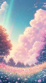 Pastel-lit meadow under volumetric clouds and atmospheric glow