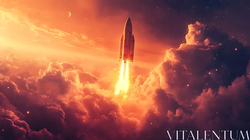 Rocket ascends through glowing clouds toward a distant moon.