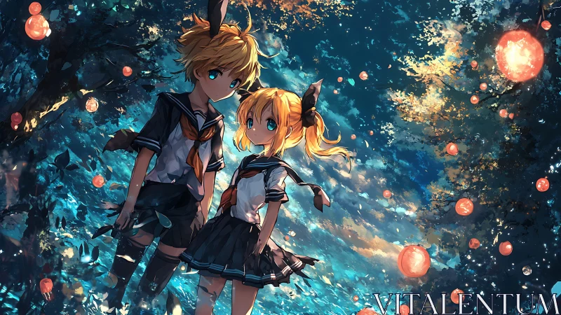 Twin students in luminous forest glade with floating orbs