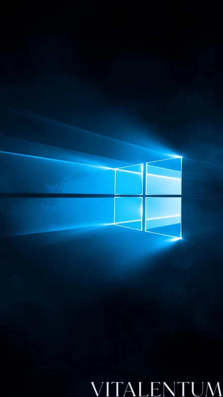 Backlit luminous window icon with blue volumetric light beams.