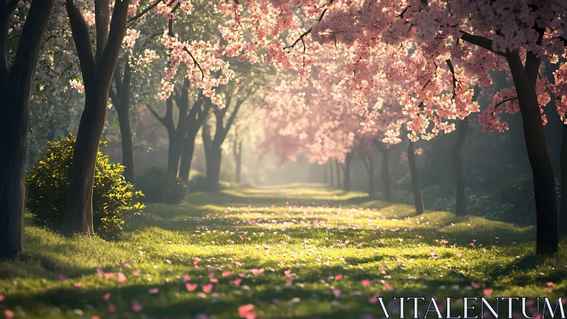 Sunlit path lined with blooming pink cherry blossom trees.