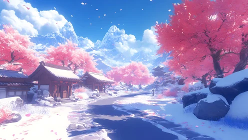 Peaceful mountain village under glowing pink blossoms.