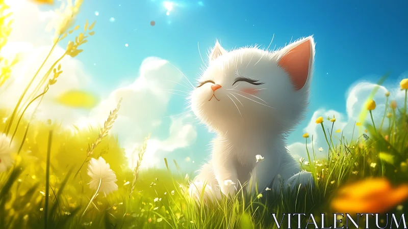 White Kitten in Sunlit Meadow with Yellow Wildflowers and Blue Sky.