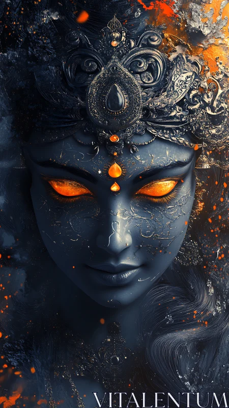 Ornate blue-toned female visage with glowing orange eyes.