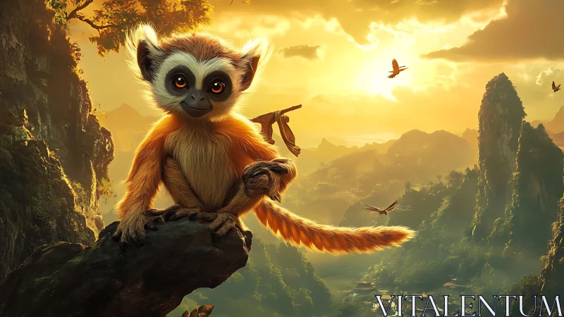 Golden-eyed monkey creature in cinematic sunset mountainscape.